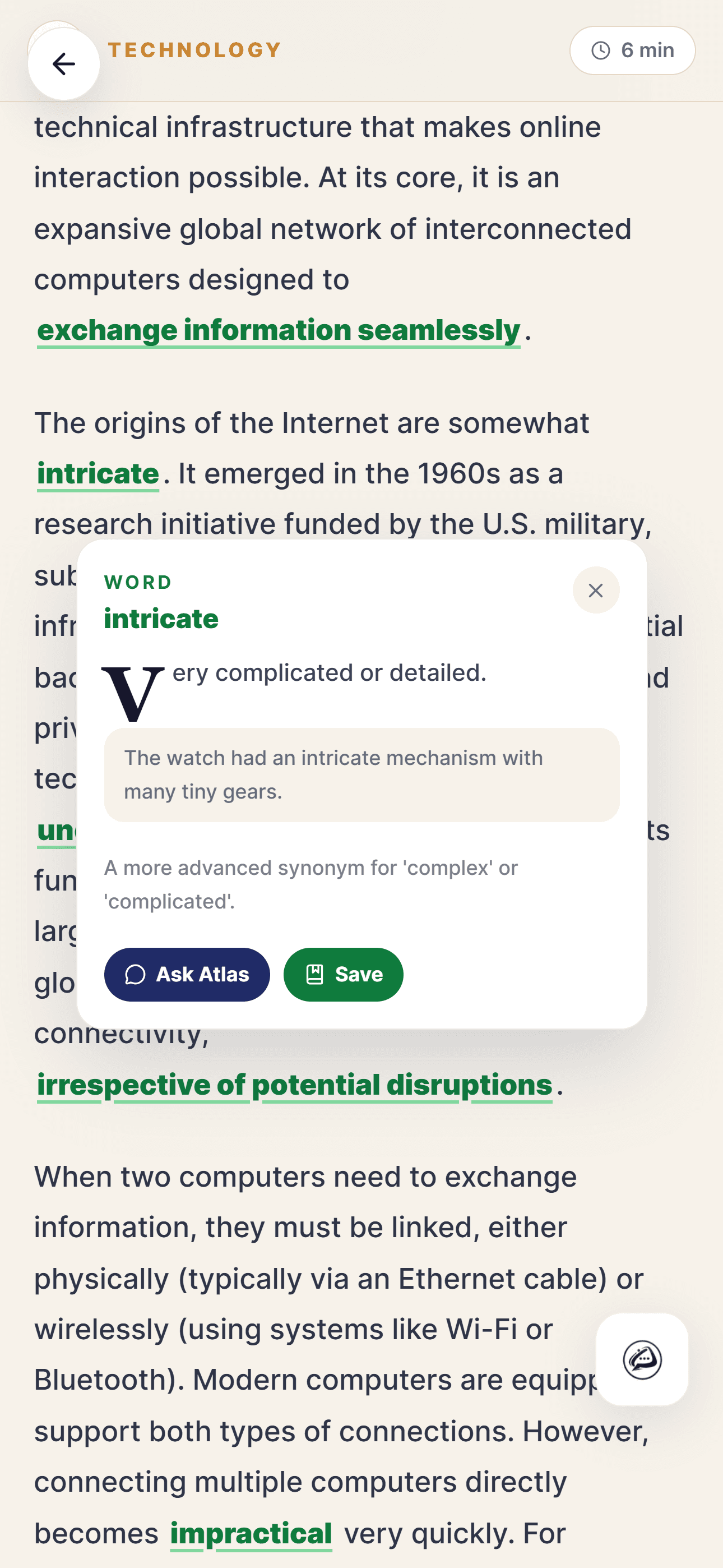 Mobile article reader with vocabulary explanation support